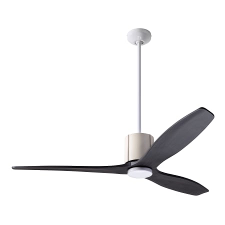 A large image of the Modern Fan Co. LeatherLuxe Gloss White finish and Ivory Leather wrap with Ebony blades