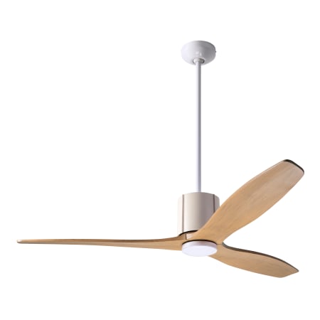 A large image of the Modern Fan Co. LeatherLuxe Gloss White finish and Ivory Leather wrap with Maple blades