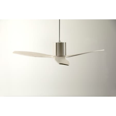A large image of the Modern Fan Co. LeatherLuxe Gloss White finish and Ivory Leather sleeve and Whitewash blades closeup 2