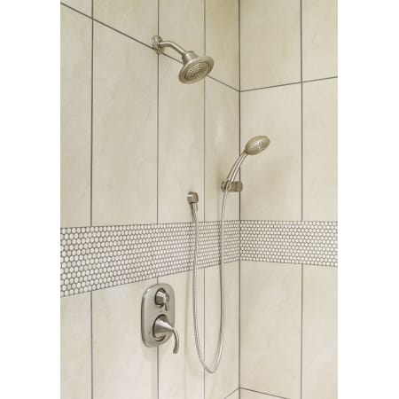 A large image of the Moen 600S Installed Shower System in Brushed Nickel