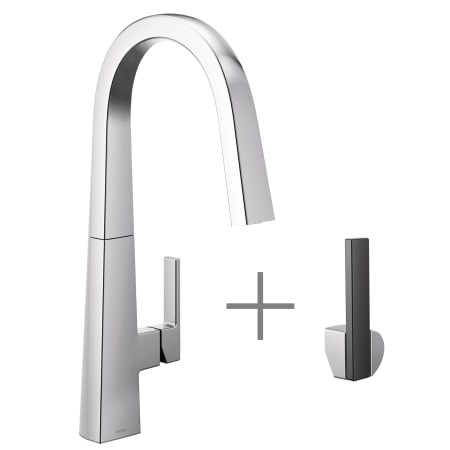 A large image of the Moen S75005 Chrome Faucet with Matte Black and Chrome Handle