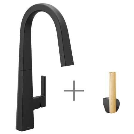 A large image of the Moen S75005 Matte Black Faucet with Brushed Gold Handle and Matte Black Handle