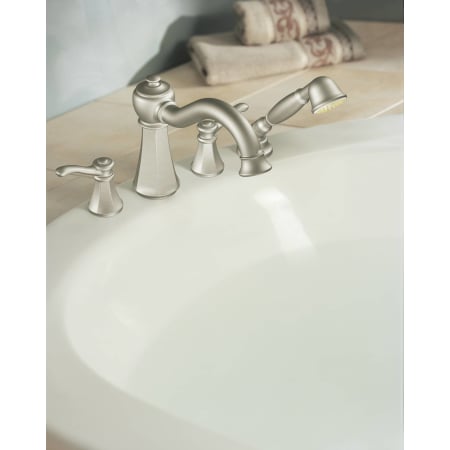 A large image of the Moen T934 Moen-T934-Installed Roman Tub Faucet in Brushed Nickel