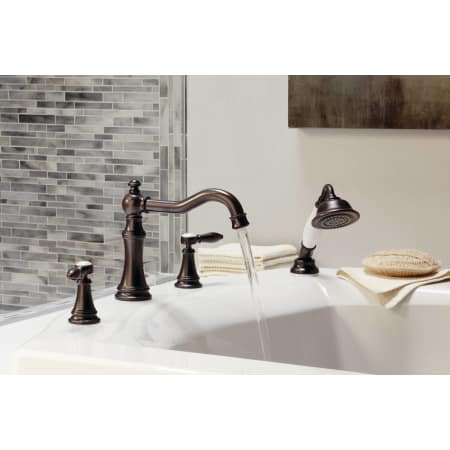 A large image of the Moen TS21104 Moen-TS21104-Installed Roman Tub Faucet in Oil Rubbed Bronze