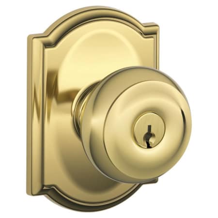A large image of the Schlage F51-GEO-CAM Lifetime Polished Brass