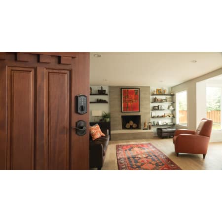 A large image of the Schlage BE375-CAM Front Door Application Shot