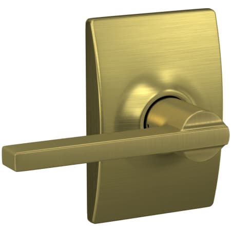 A large image of the Schlage F10-LAT-CEN Satin Brass