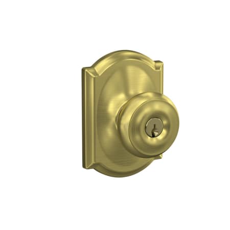 A large image of the Schlage F51-GEO-CAM Satin Brass