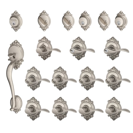 A large image of the Schlage F600-BRK-ACC-LH Satin Nickel