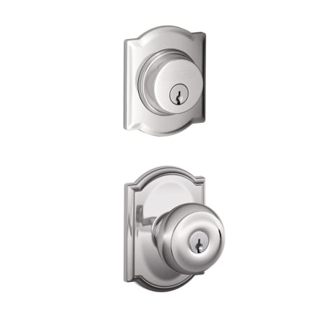 A large image of the Schlage FB50-CAM-GEO-CAM Polished Chrome