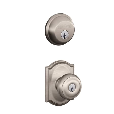 A large image of the Schlage FB50-GEO-CAM Satin Nickel