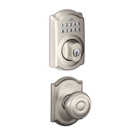 A large image of the Schlage FBE365-CAM-GEO-CAM Satin Nickel