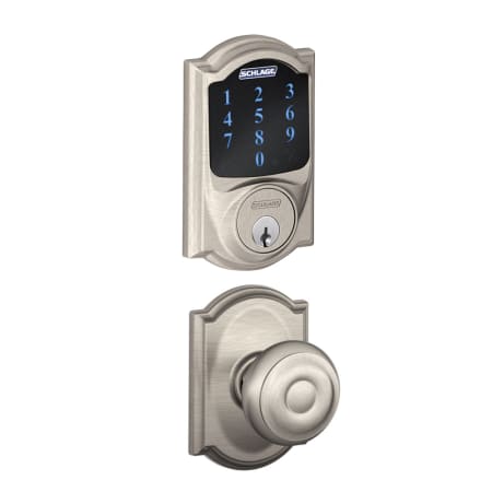 A large image of the Schlage FBE469-CAM-GEO-CAM Satin Nickel