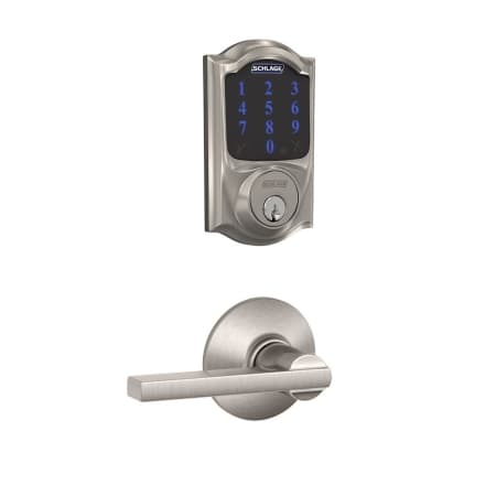A large image of the Schlage FBE469-CAM-LAT Satin Nickel