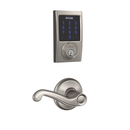A large image of the Schlage FBE469-CEN-FLA Satin Nickel