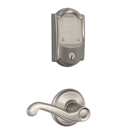 A large image of the Schlage FBE489WB-CAM-FLA Satin Nickel