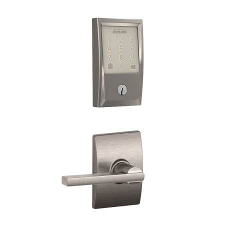 A large image of the Schlage FBE489-CEN-LAT-CEN Satin Nickel