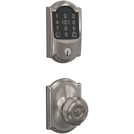 A large image of the Schlage FBE499WB-CAM-GEO-CAM Satin Nickel