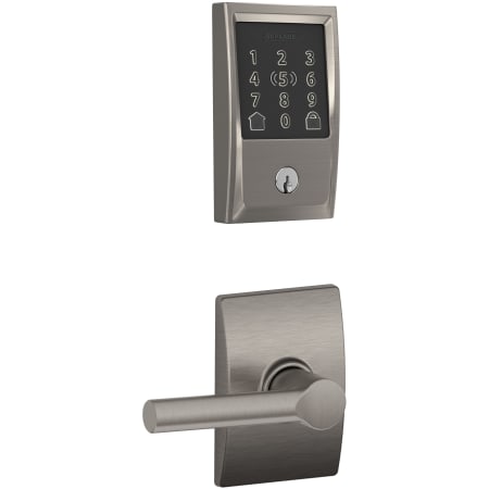 A large image of the Schlage FBE499WB-CEN-BRW-CEN Satin Nickel