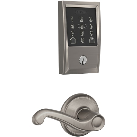 A large image of the Schlage FBE499WB-CEN-FLA Satin Nickel
