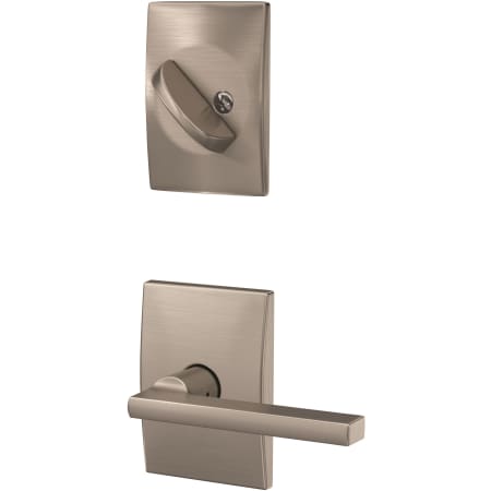 A large image of the Schlage FC94-LAT-CEN Satin Nickel