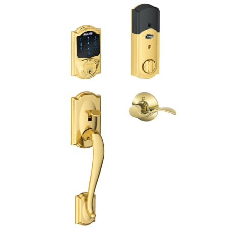 A large image of the Schlage FE469NX-CAM-ACC-LH Polished Brass
