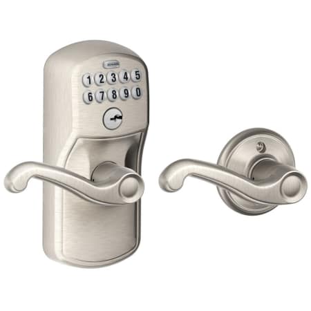 A large image of the Schlage FE575-PLY-FLA Satin Nickel