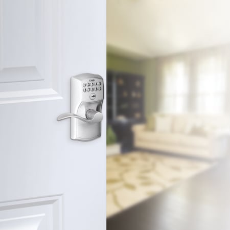 A large image of the Schlage FE595-CAM-ACC Schlage's FE595-CAM-ACC in Satin Chrome on door.