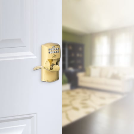 A large image of the Schlage FE595-CAM-ACC Schlage's FE595-CAM-ACC in Lifetime Polished Brass on door.
