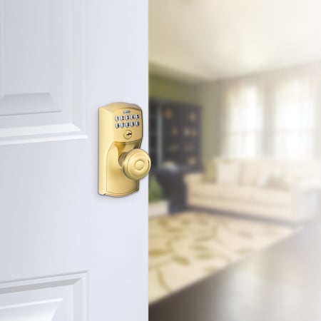 A large image of the Schlage FE595-CAM-GEO Schlage's FE595-CAM-GEO in Lifetime Polished Brass on door.