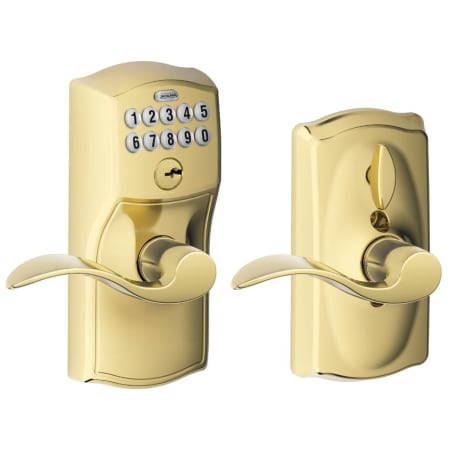 A large image of the Schlage FE595-CAM-ACC Lifetime Polished Brass