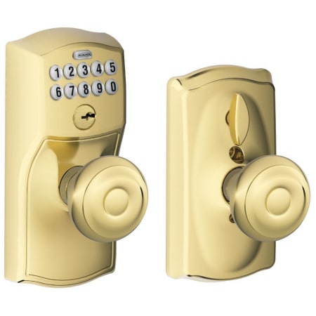 A large image of the Schlage FE595-CAM-GEO Lifetime Polished Brass