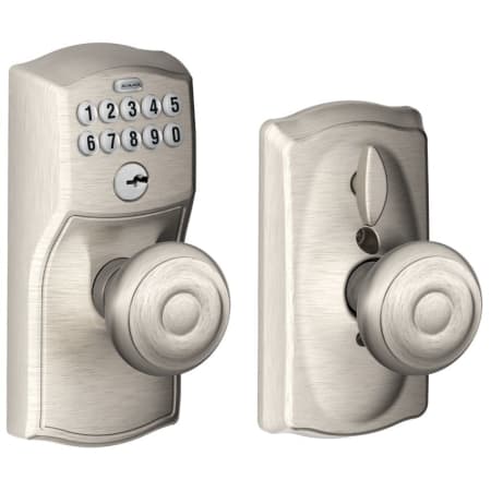 A large image of the Schlage FE595-CAM-GEO Satin Nickel