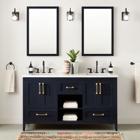 A large image of the Signature Hardware 951680-60-RUMB-8 Midnight Navy Blue / Carrara Marble