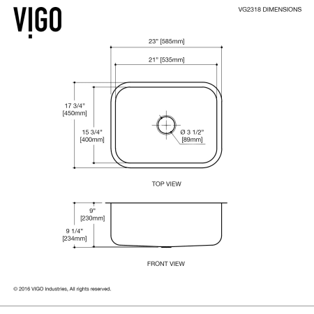 A large image of the Vigo VG2318K1 Vigo-VG2318K1-Dimensions