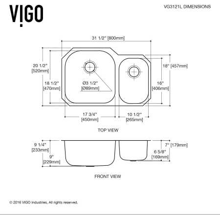 A large image of the Vigo VG3121L Vigo-VG3121L-Dimensions