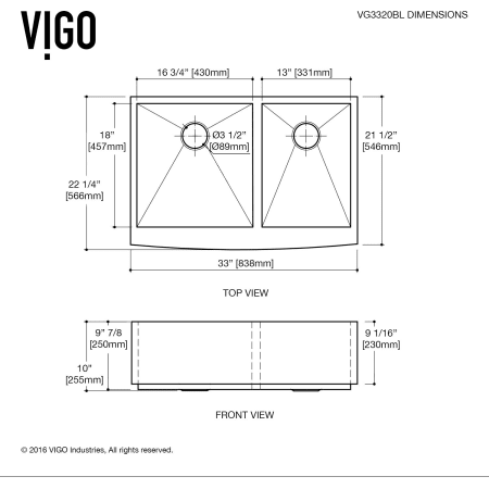 A large image of the Vigo VG3320BL Vigo-VG3320BL-Dimensions
