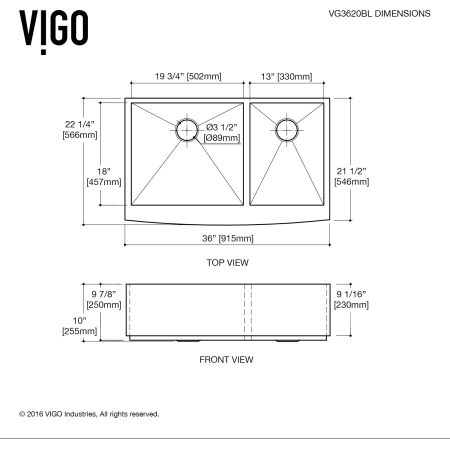 A large image of the Vigo VG3620BL Vigo-VG3620BL-Dimensions
