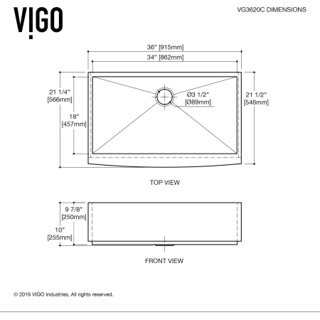 A large image of the Vigo VG3620C Vigo-VG3620C-Dimensions