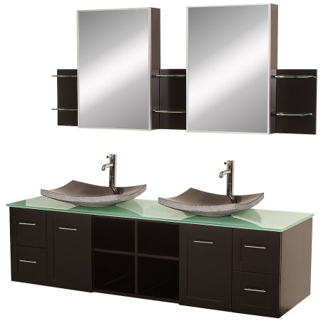 A large image of the Wyndham Collection WC-WHE007-SH-72 Espresso / Green Glass Top