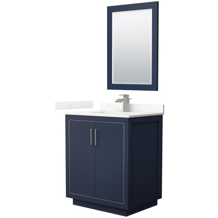 A large image of the Wyndham Collection WCF111130S-QTZ-UNSM24 Dark Blue / Giotto Quartz Top / Brushed Nickel Hardware