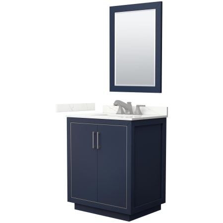 A large image of the Wyndham Collection WCF111130S-QTZ-US3M24 Dark Blue / Giotto Quartz Top / Brushed Nickel Hardware