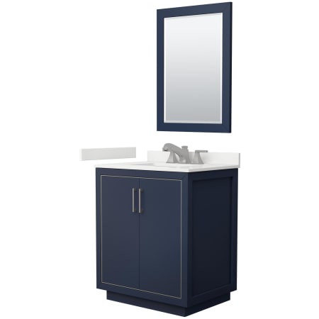 A large image of the Wyndham Collection WCF111130S-QTZ-US3M24 Dark Blue / White Quartz Top / Brushed Nickel Hardware