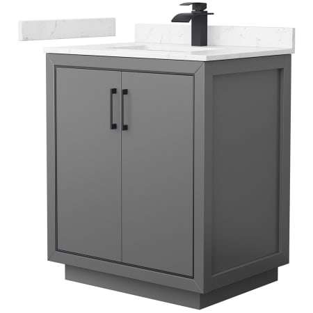 A large image of the Wyndham Collection WCF1111-30S-VCA-MXX Dark Gray / Carrara Cultured Marble Top / Matte Black Hardware
