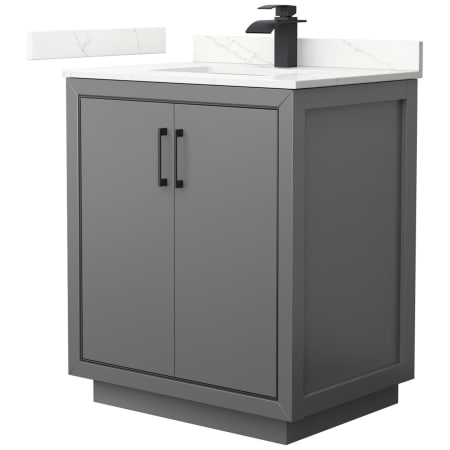 A large image of the Wyndham Collection WCF111130S-QTZ-UNSMXX Dark Gray / Giotto Quartz Top / Matte Black Hardware