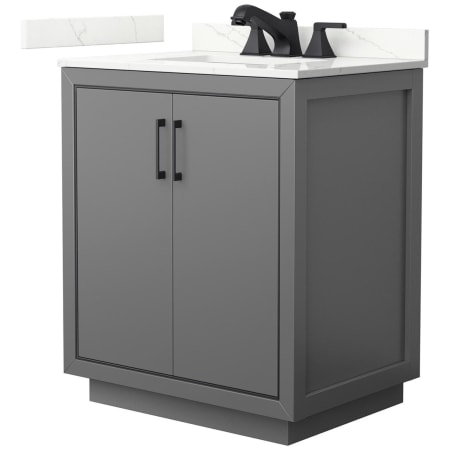 A large image of the Wyndham Collection WCF111130S-QTZ-US3MXX Dark Gray / Giotto Quartz Top / Matte Black Hardware