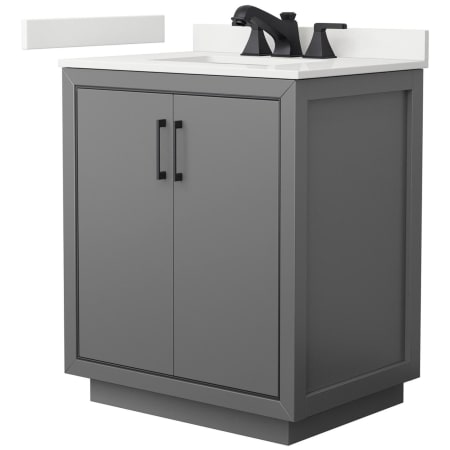 A large image of the Wyndham Collection WCF111130S-QTZ-US3MXX Dark Gray / White Quartz Top / Matte Black Hardware