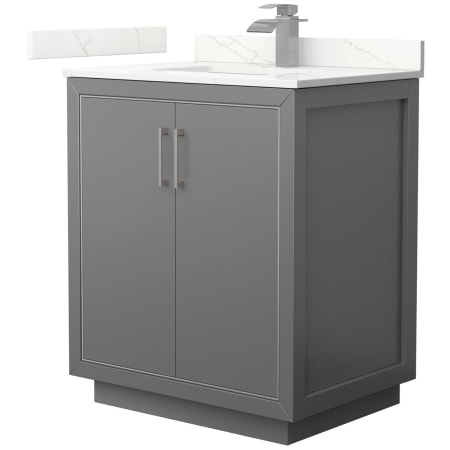 A large image of the Wyndham Collection WCF111130S-QTZ-UNSMXX Dark Gray / Giotto Quartz Top / Brushed Nickel Hardware