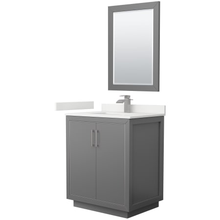 A large image of the Wyndham Collection WCF111130S-QTZ-UNSM24 Dark Gray / White Quartz Top / Brushed Nickel Hardware