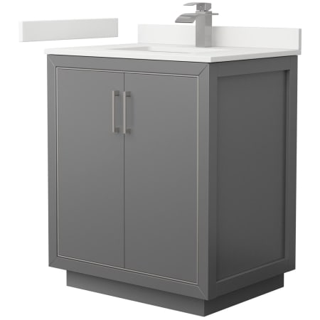 A large image of the Wyndham Collection WCF111130S-QTZ-UNSMXX Dark Gray / White Quartz Top / Brushed Nickel Hardware